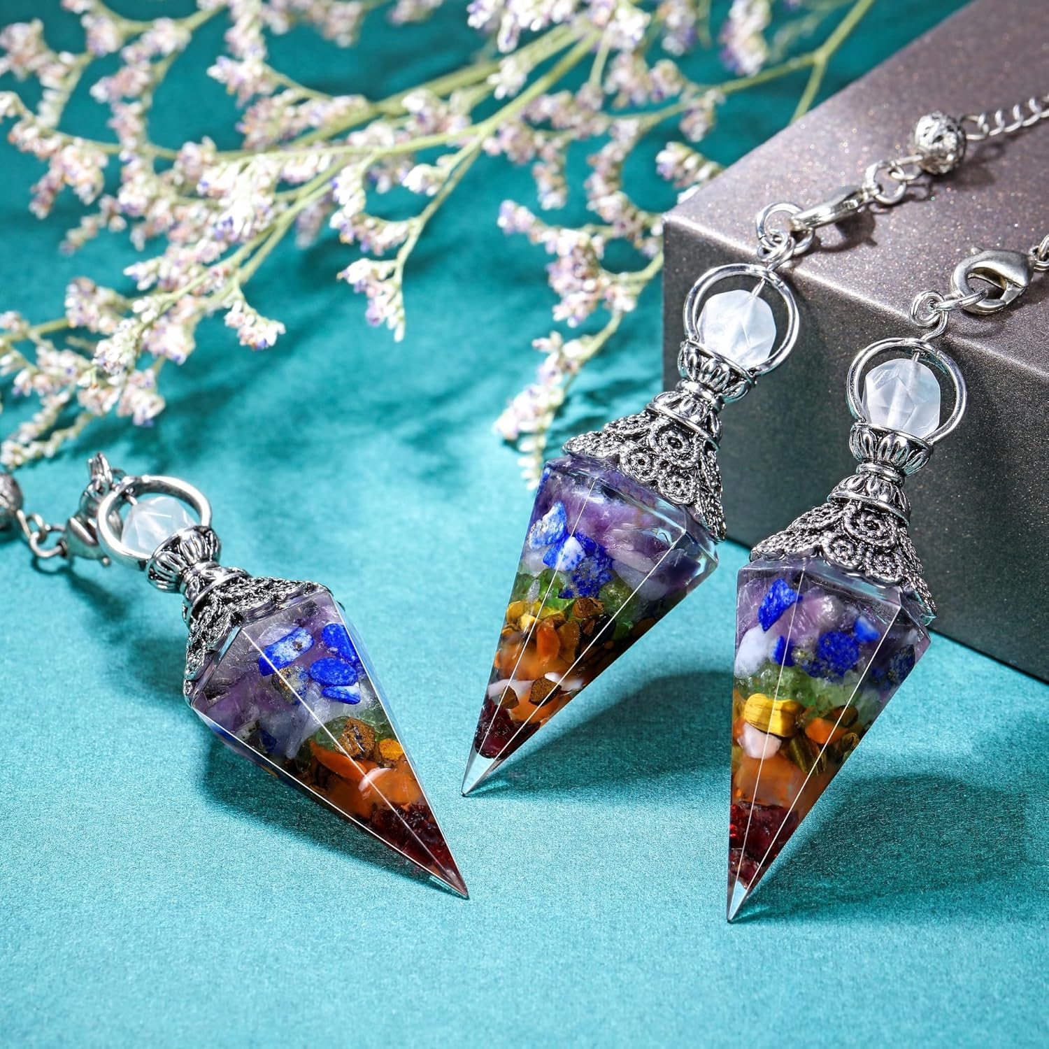 GEHECRST Natural 7 Chakra Healing Crystal Dowsing Pendulum Reiki Gemstone Chips Orgone Pendulum 6 Faceted Hexagonal Pointed Resin Spiritual Pendant for Divination, Wicca, Energy Balancing - Image 6