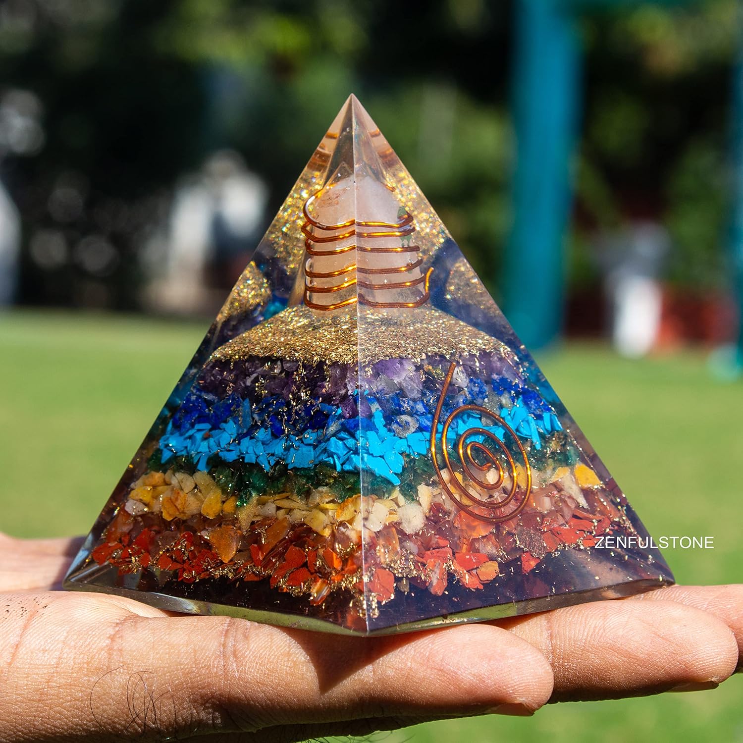 7 Chakra Orgonite Pyramid for Energy Generator Crystal Pyramid for Balancing Energy, Spiritual Alignment | Handmade Orgonite pyramids with Copper Coil and Crystal Quartz for Chakra Protection) - Image 3