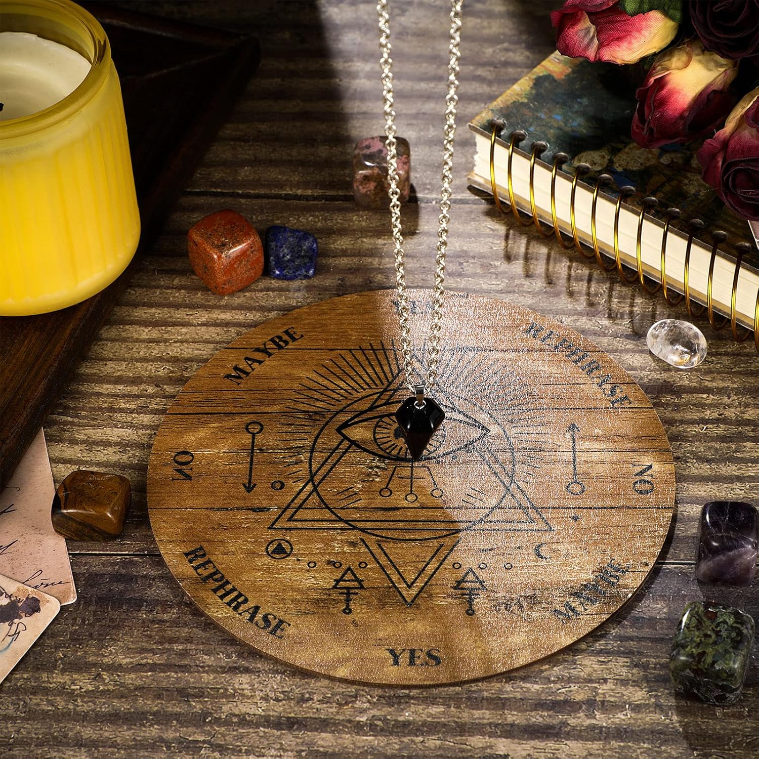 Jetec Pendulum Board Set Wooden Dowsing Divination Board Metaphysical Message with Crystal Divinity Pendulum Necklace for Witchcraft Wiccan Wand Altar Supplies, 3.9 Inch(Wood Color) - Image 7