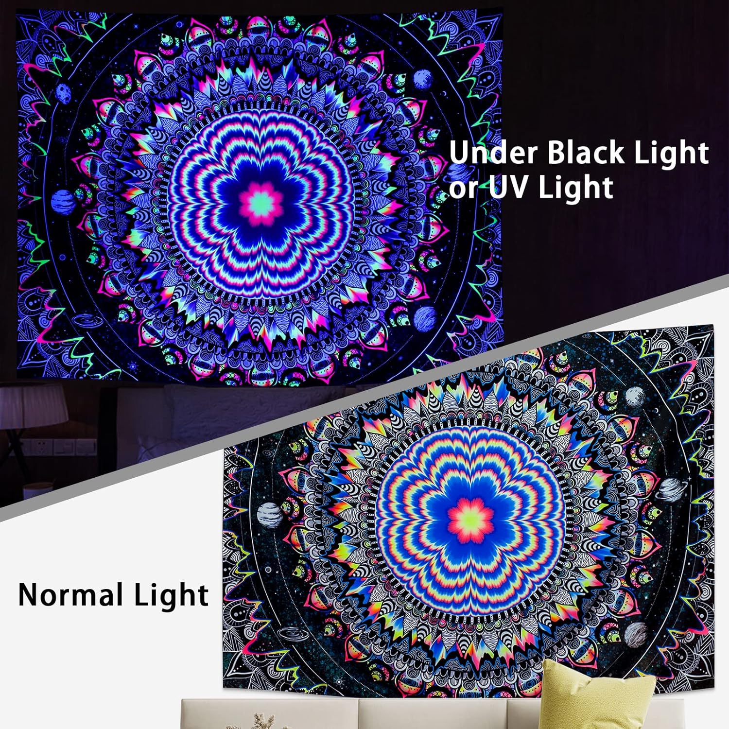 Amonercvita Blacklight Tapestry Trippy Mandala Tapestries UV Reactive Galaxy Stars Tapestry Psychedelic Neon Tapestries Wall Hanging Hippie Black Light Poster for Bedroom - Image 4