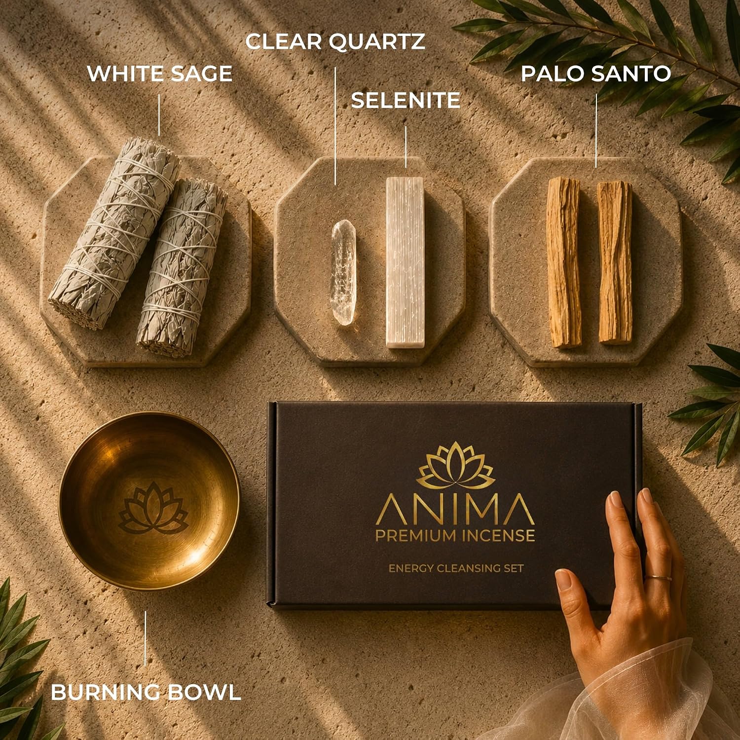 Anima Premium Energy Cleansing Set – White Sage Smudge Sticks, Palo Santo Sticks, Clear Quartz & Selenite Crystal with Smudge Bowl for Crystals & Home Cleansing, Meditation & Manifestation - Image 2