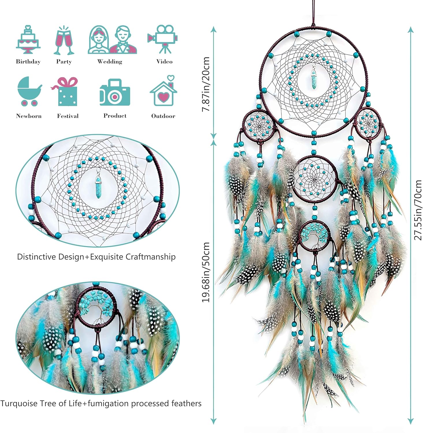 Large Dream Catchers,Boho Handmade Woven Turquoise Dream Catcher Wall Hanging Ornament for Bedroom Living Room Apartment Wedding Party Decor, Festival Blessing Gift (Turquoise) - Image 3