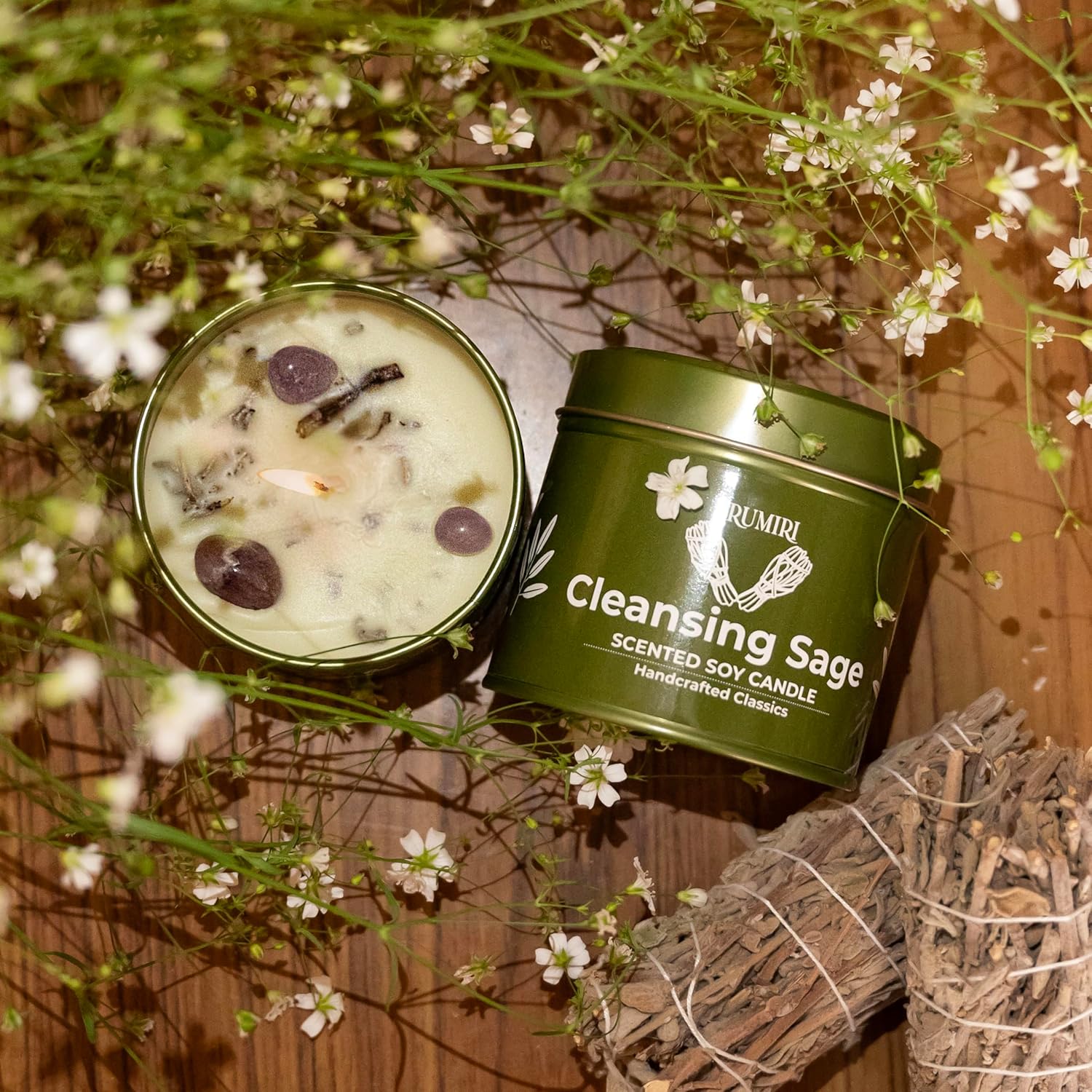 Sage Candle for Cleansing House Negative Energy Smudge Kit - 5oz Soy Wax Natural Clean Organic Non Toxic - Aromatherapy Spiritual Meditation Gifts - Long Lasting Highly Scented Candel with Crystals - Image 6