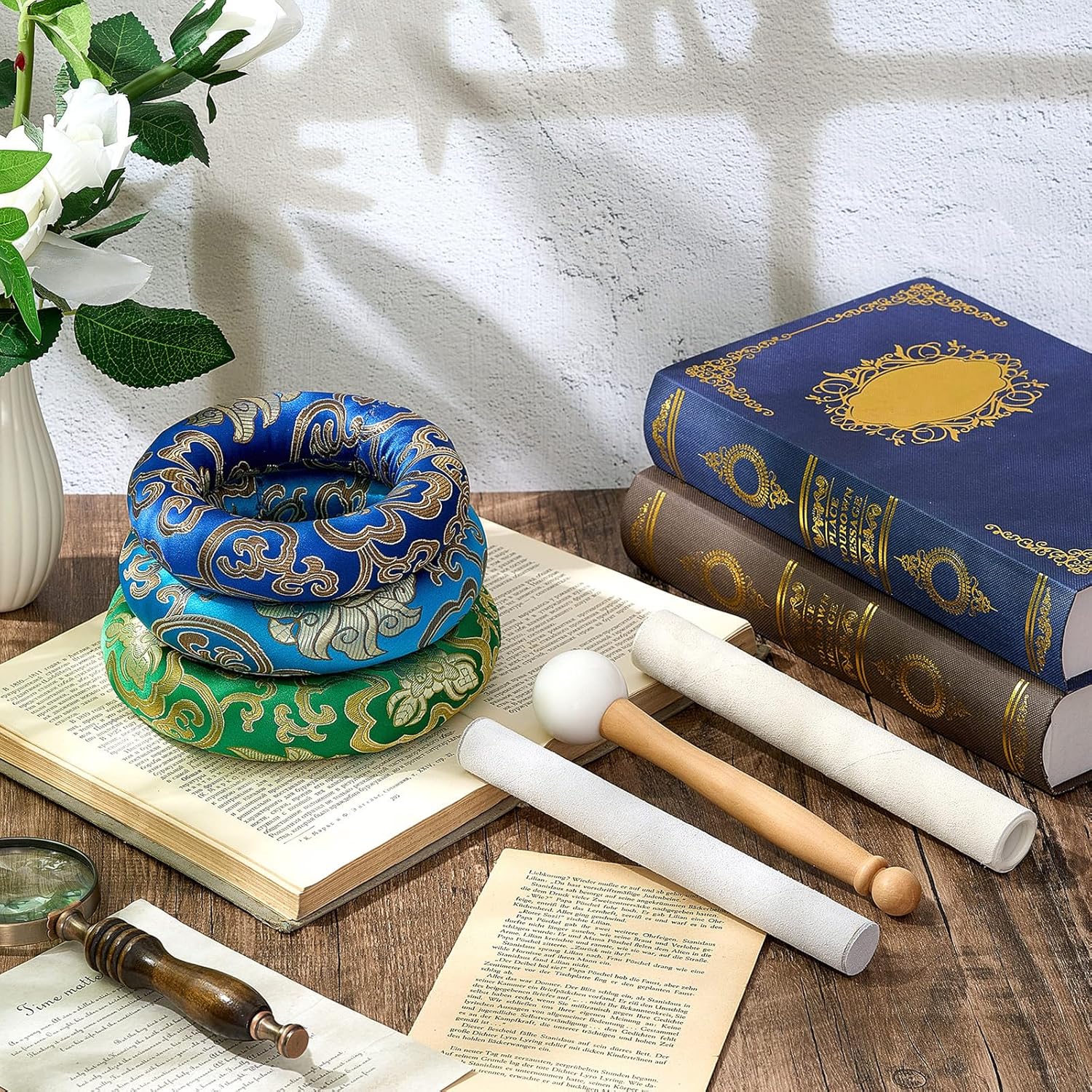 6 Pcs Singing Bowl Cushion Set 3 Silk Cloth O Ring with 3 Crystal Singing Bowl Mallet Include Solid and Hollow Stick Wood Handle Rubber Mallet for 7-9 Tibetan Sound Meditation - Image 6