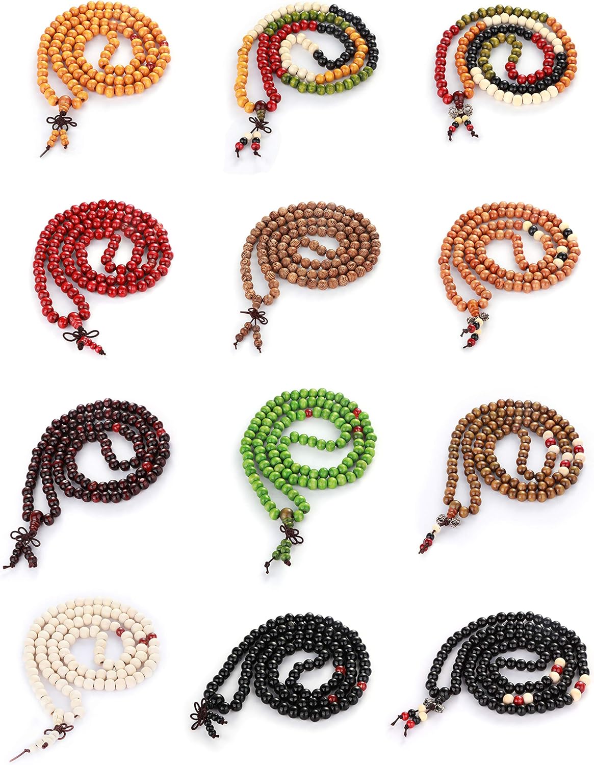 LOYALLOOK 12Pcs 108 Mala Bead Bracelets 8MM Buddhist Prayer Strand Sandalwood Wood Beaded Bracelet Necklace Elastic Handmade Multilayer Tibetan Buddha Link Wrist Bracelets Meditation Necklace Chain - Image 2
