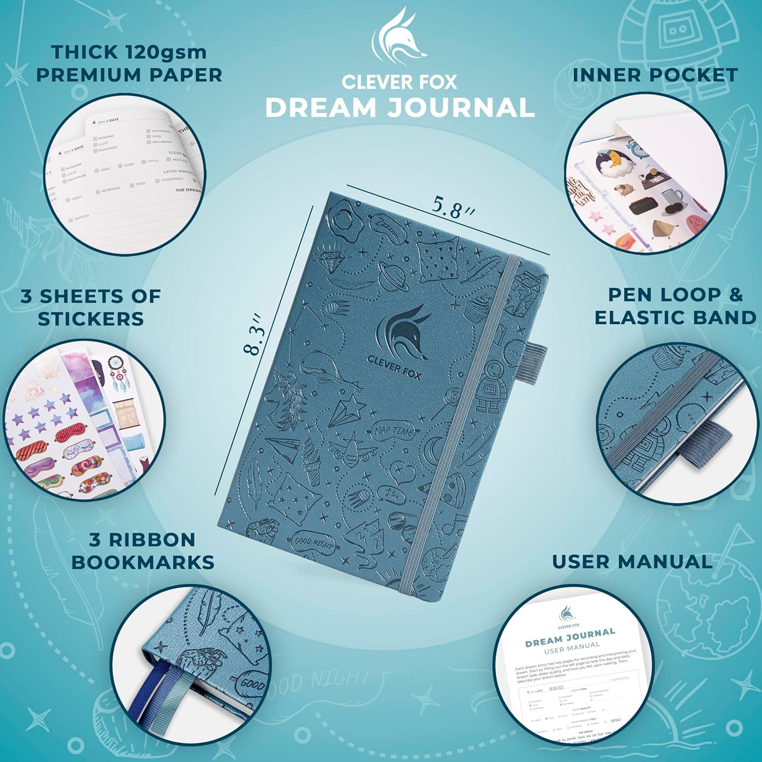 Clever Fox Dream Journal – Guided Dream Diary for Women, Men & Kids – Hardcover Dream Notebook – Log Book for Dream Journaling (Aquamarine) - Image 5