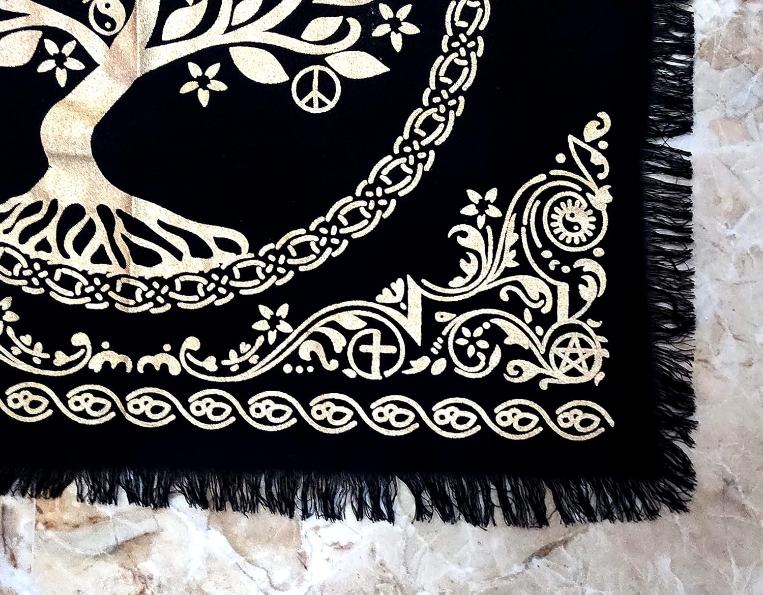 INDACORIFY Tree of Life Altar Table Top Cloth with Fringes Alter Tarot Witchcraft Spread Witchery Supplies Sacred Cloth 18x18 in (Gold Tree of Life) - Image 5