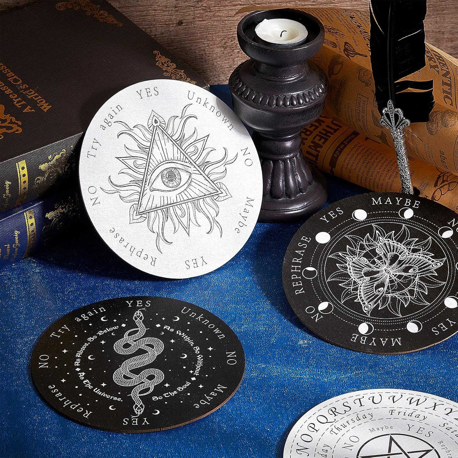 8 Pack 6 Inch Pendulum Board Set for Divination, Wooden Double Sided Dowsing Board, Black White Divination Metaphysical Message Witch Set for Witchcraft Wiccan Altar Supplies Beginner - Image 4