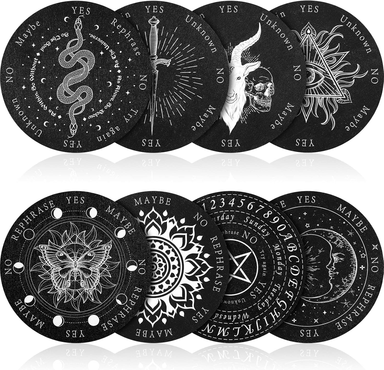 8 Pack 6 Inch Pendulum Board Set for Divination, Wooden Double Sided Dowsing Board, Black White Divination Metaphysical Message Witch Set for Witchcraft Wiccan Altar Supplies Beginner