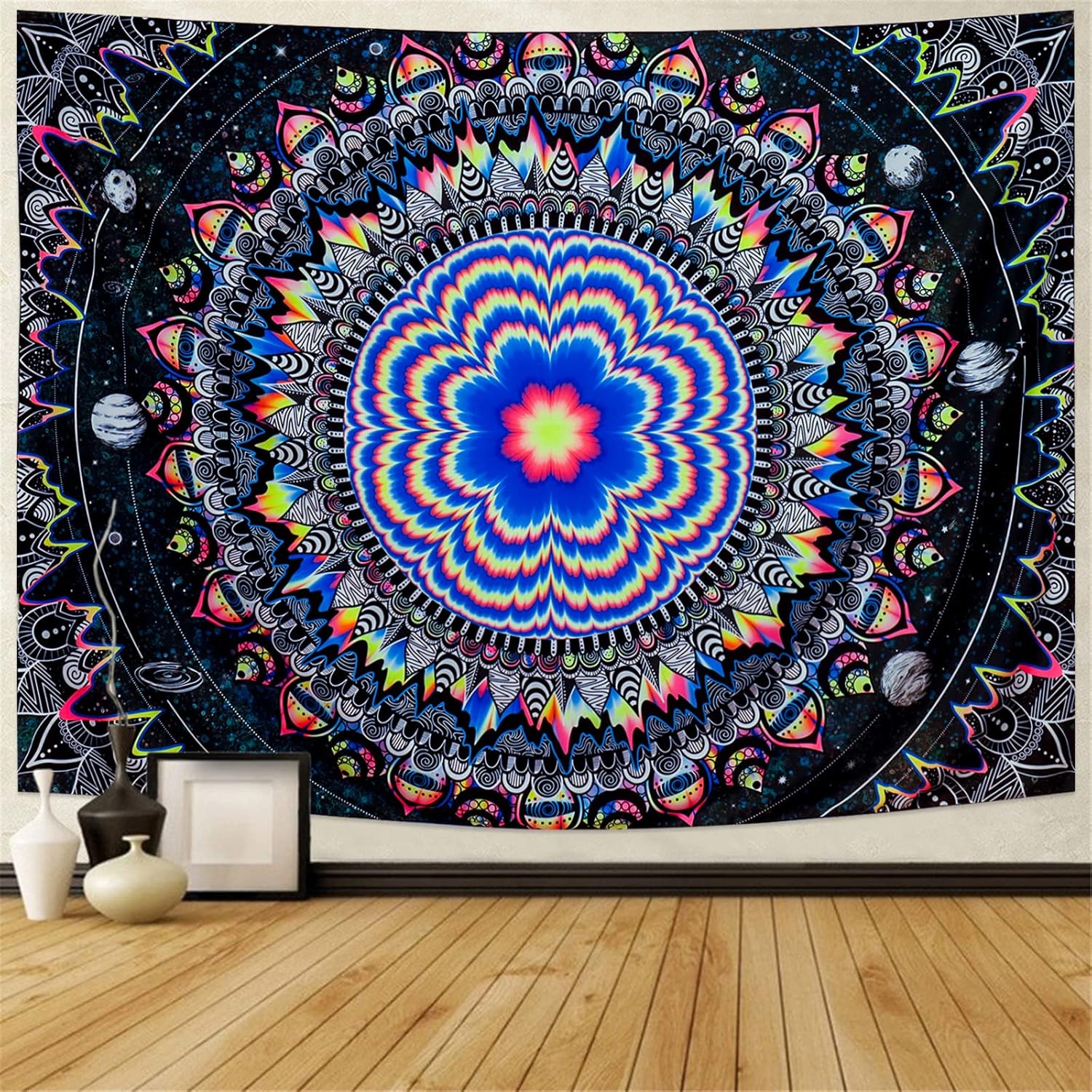 Amonercvita Blacklight Tapestry Trippy Mandala Tapestries UV Reactive Galaxy Stars Tapestry Psychedelic Neon Tapestries Wall Hanging Hippie Black Light Poster for Bedroom - Image 2