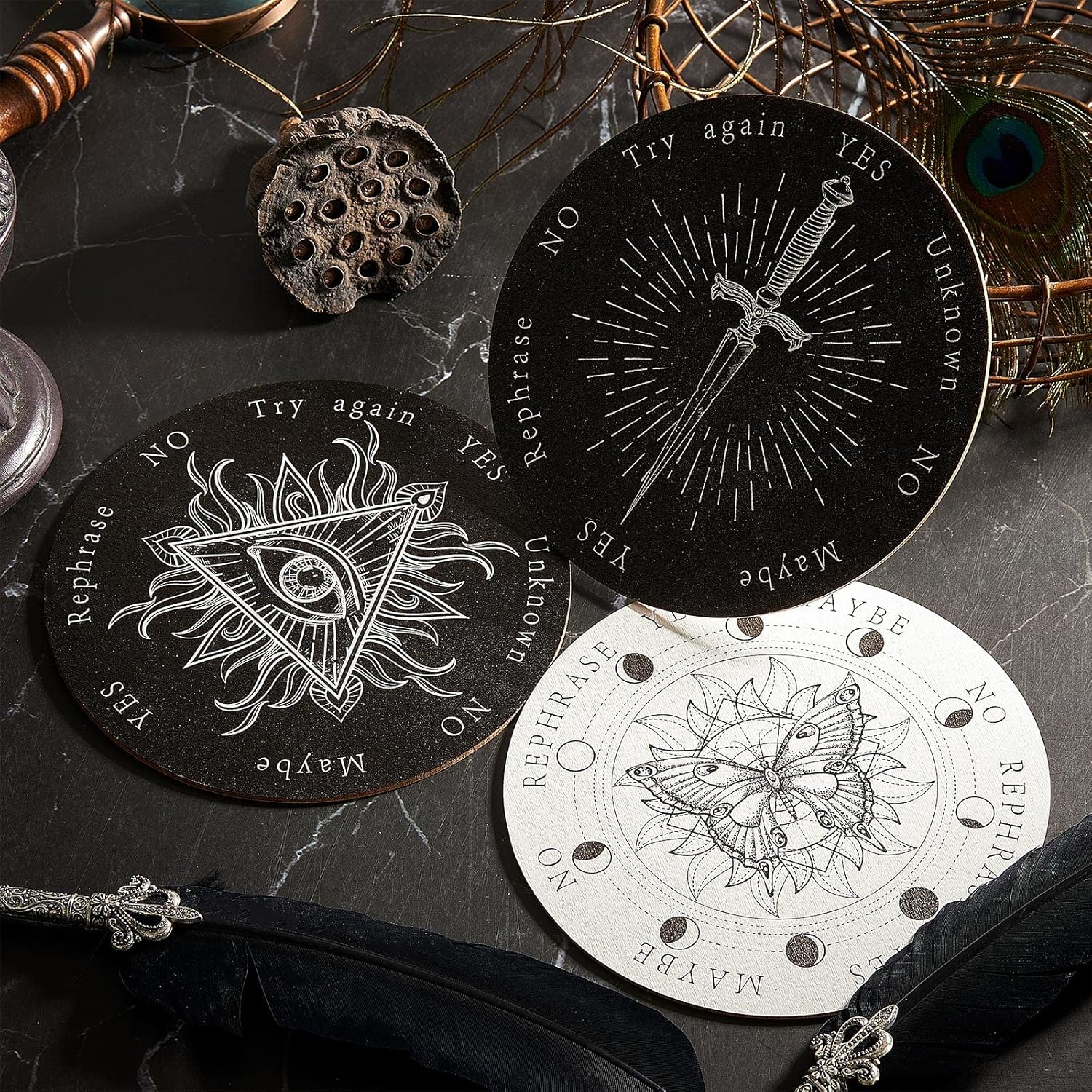 8 Pack 6 Inch Pendulum Board Set for Divination, Wooden Double Sided Dowsing Board, Black White Divination Metaphysical Message Witch Set for Witchcraft Wiccan Altar Supplies Beginner - Image 6