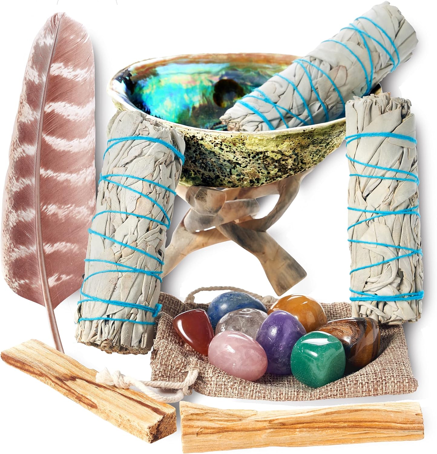 Sage Smudge Kit ~ 3 White Sage Bundles ~ 8 Healing Chakra Stones ~ Abalone Shell & Stand ~ Smudging Feather ~ Cleanse Guide/Blessings ~ Smoke Cleansing Smudge Sticks Healing Growing Manifesting | Palo Santo, Smudging Feather, Cleanse Guide & Blessings, Smoke Cleansing, Healing & Manifesting - Image 6