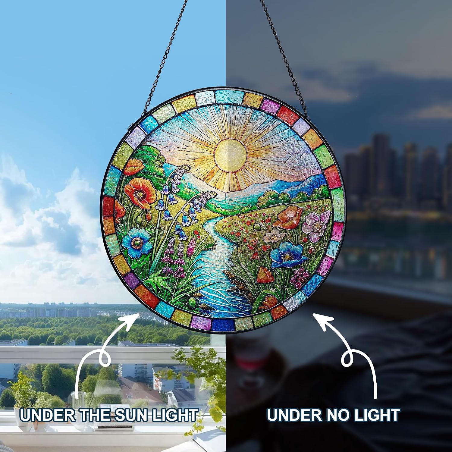 Stained Glass Window Hanging, Scenery Sun Catchers Stained Glass Panels for Indoor Windows Wall Art Decor, Birthday Gift for Mom Women Wife Men Lovers (7.87inch) - Image 6