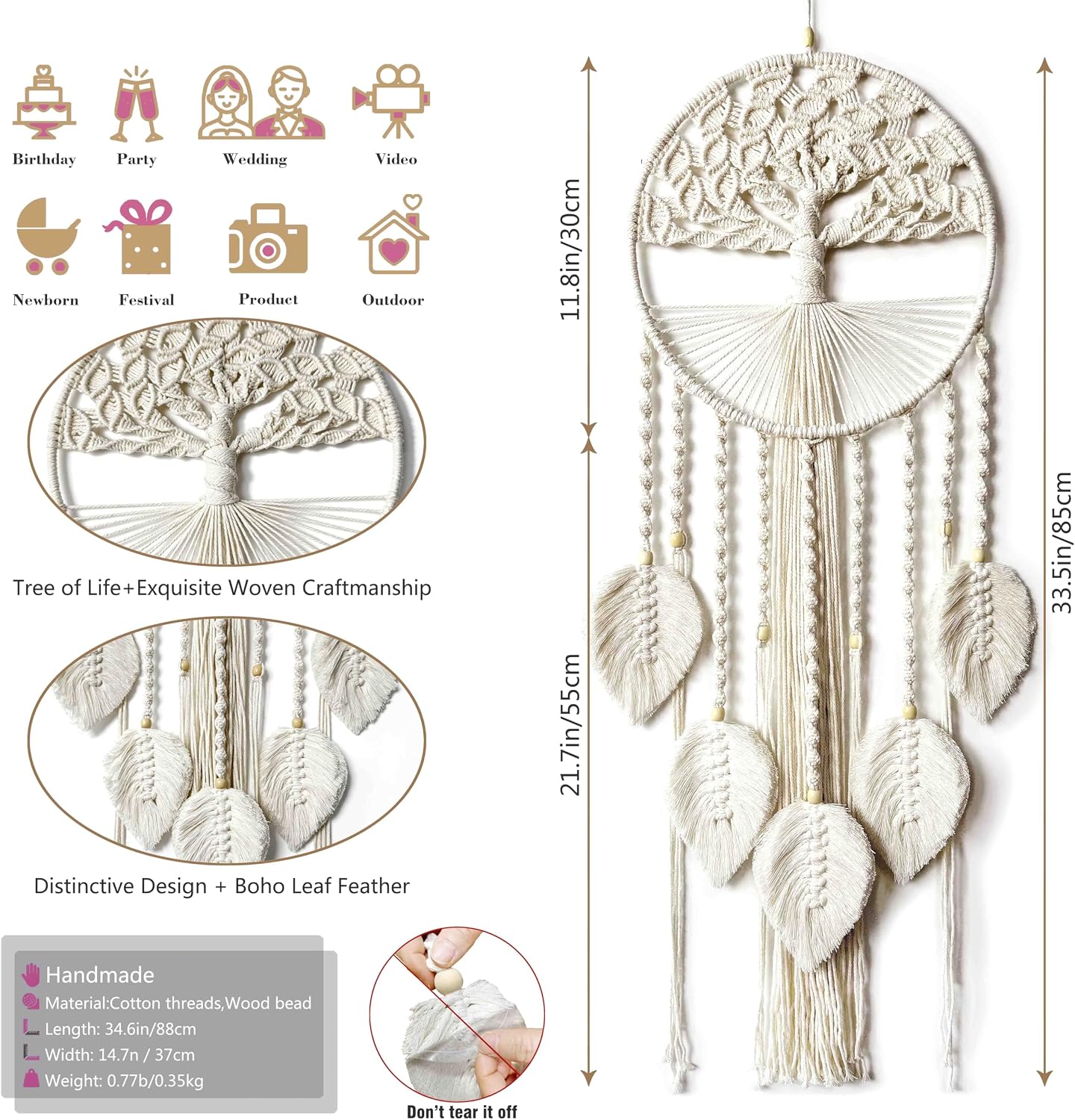 Large Tree of Life Dream Catchers, Macrame Wall Hanging Boho Handmade Woven Dream Catcher Macrame Wall Decor Art for Adults Boys Girls Bedroom Wedding Party Decor, Festival Blessing Gift(Light Beige) - Image 3