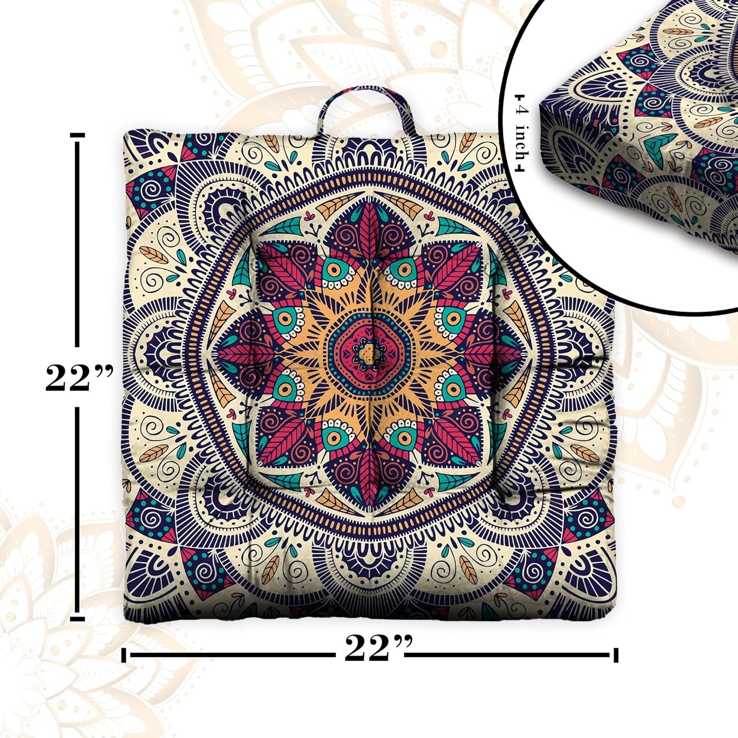 Mandala Meditation Cushion, Boho Meditation Mat, Meditation Pillows For Sitting on Floor, Cushions for Sitting in Home and Outdoor, Square Floor Pillow Cushion Seating for Yoga Accessories 22'' x 22'' - Image 4