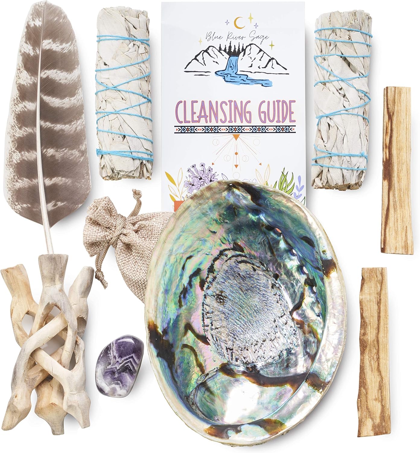 Blue River Sage Smudging & Energy Cleansing Kit with Amethyst, White Sage, Palo Santo, Abalone Shell, Stand & Guide (Regular) | Palo Santo, Amethyst, Abalone Shell & Stand, Smudge Feather, Guide Included - Image 3