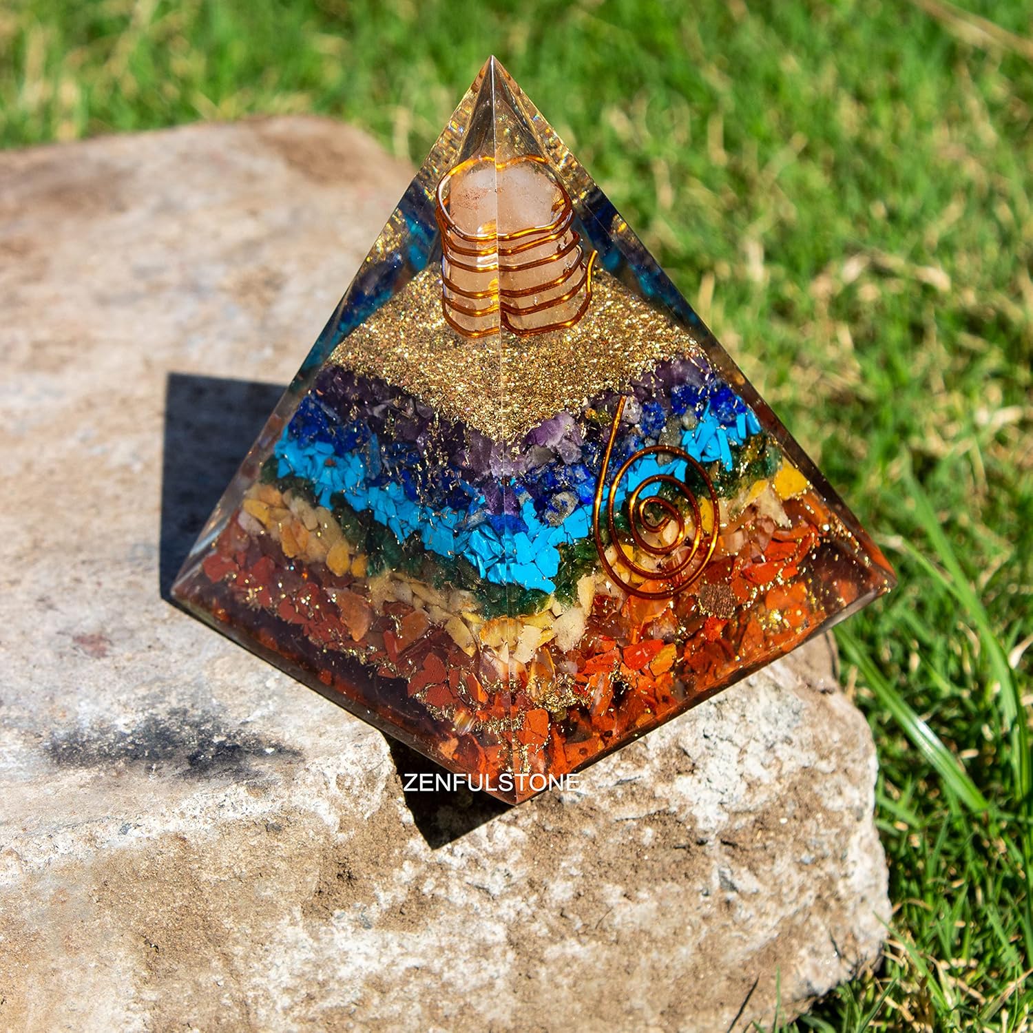 7 Chakra Orgonite Pyramid for Energy Generator Crystal Pyramid for Balancing Energy, Spiritual Alignment | Handmade Orgonite pyramids with Copper Coil and Crystal Quartz for Chakra Protection) - Image 5