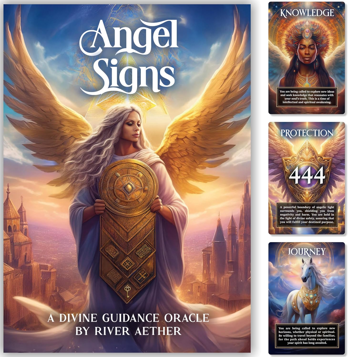 Angel Signs: A Divine Guidance Oracle with Angel Numbers by River Aether - Deck of 66 Inspirational Angelic Tarot Oracle Cards with Keywords and Meanings on Them