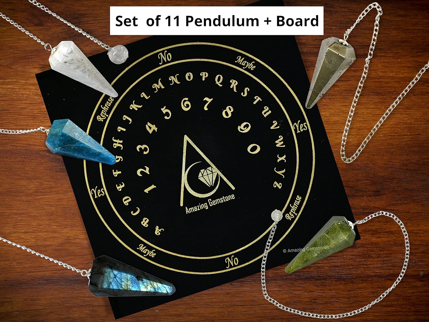 Amazing Gemstone Pack of 11 Crystal Pendulums Bulk Set with Pendulum Board - Wholesale Bulk Crystals - Image 3