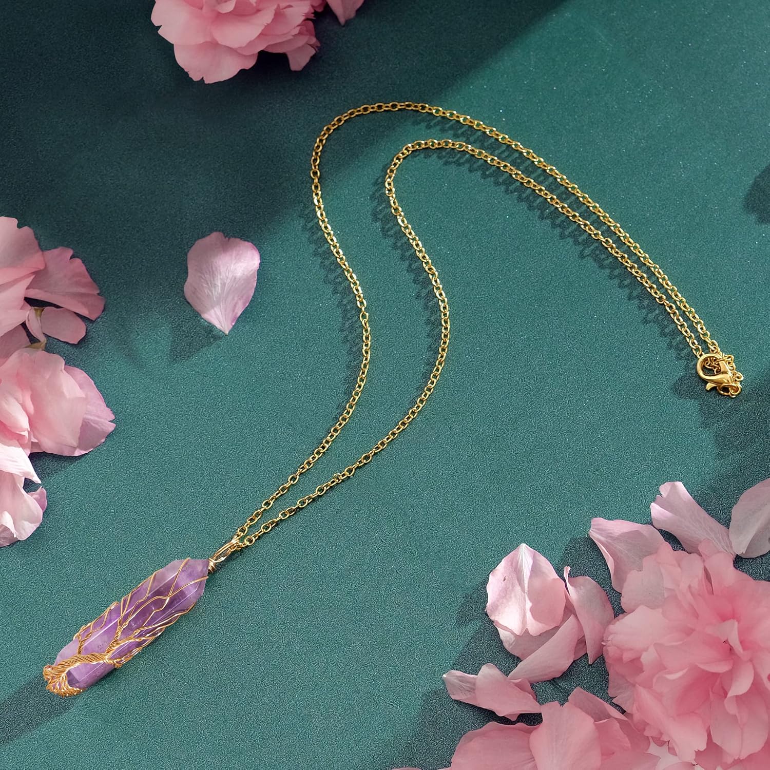 VIBILIA Healing Crystal Necklace Tree of Life Wire Wrapped Natural Stone Point Pendant Necklace Hexagonal Reiki Spiritual Quartz Gemstone Jewelry for Women Men - Image 3