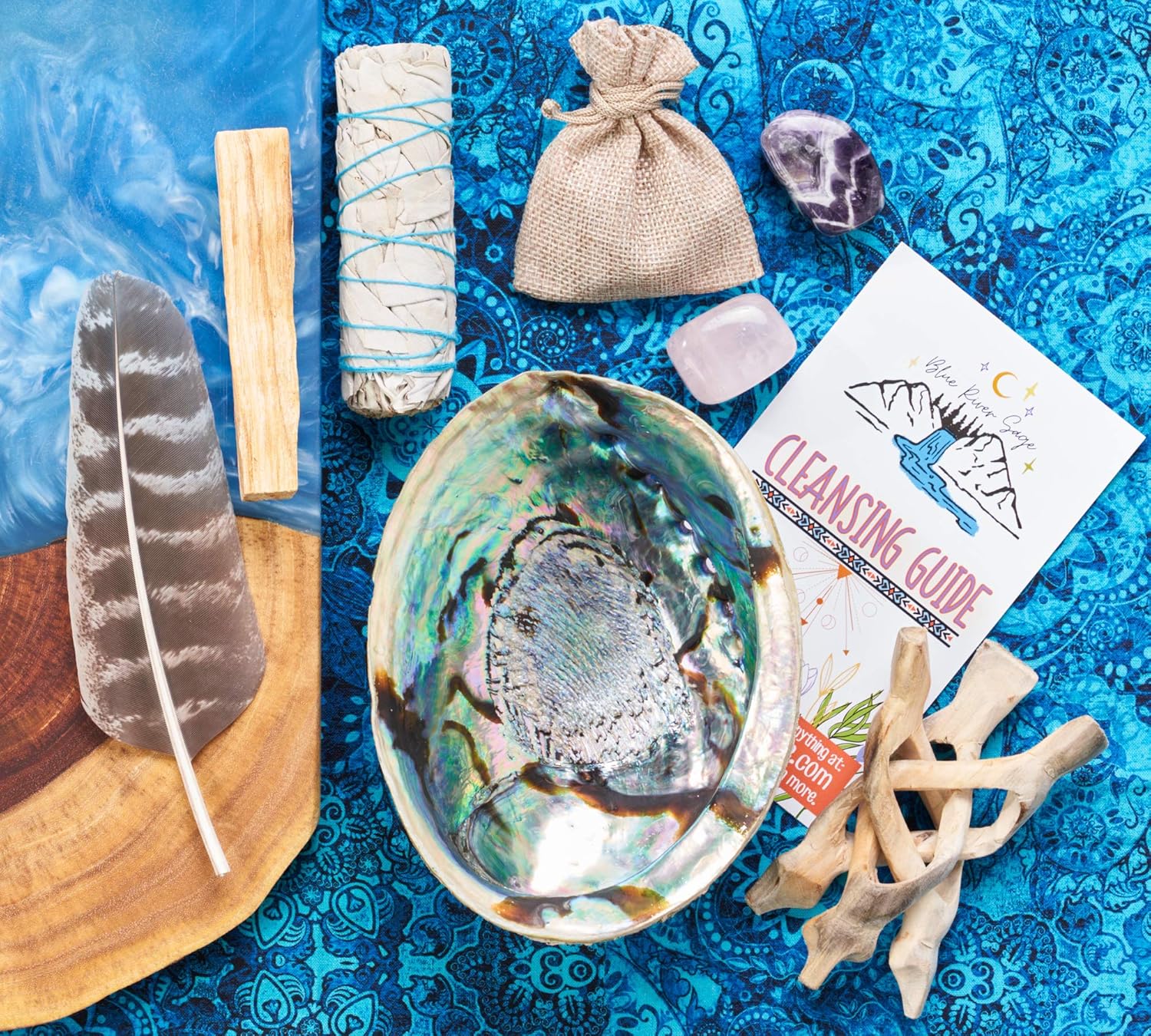 Home Cleansing & Smudging Kit with White Sage, Palo Santo, Abalone & Stand, Smudge Feather & Guide (Regular) | Palo Santo, Amethyst, Rose Quartz, Abalone Shell & Stand, Smudge Feather, Guide Included - Image 4