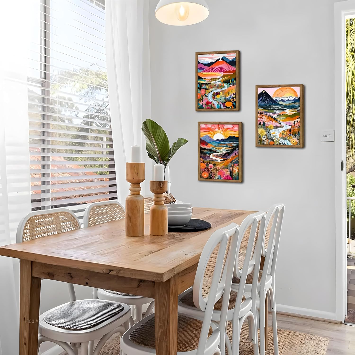 Wood Frame Boho Colorful Wall Art, Set of 3 Abstract Watercolor Mountain Landscape Wall Decor Painting, Modern Flower Aesthetic Posters Prints for Living Room Bathroom Bedroom 12x16In Framed - Image 8