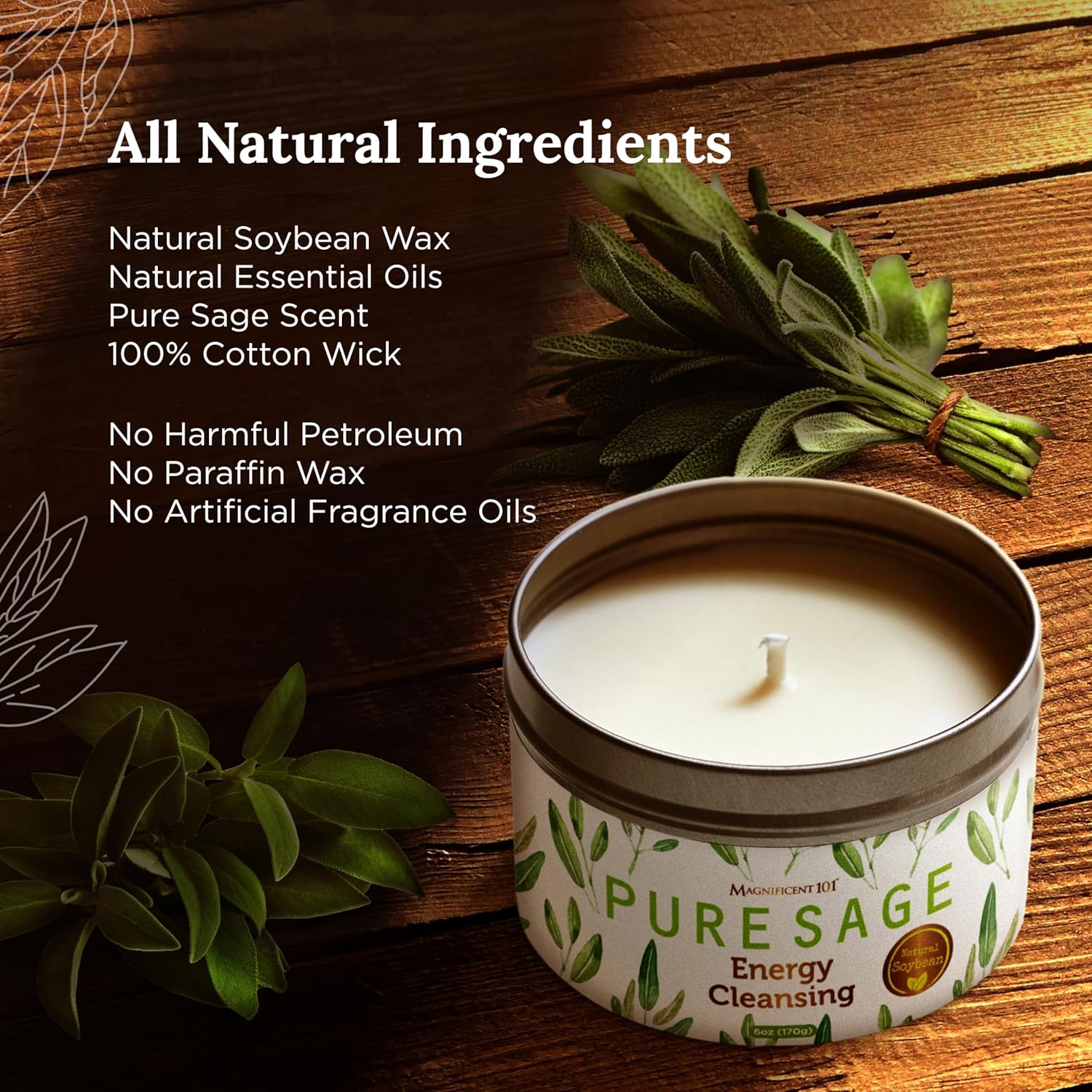 Magnificent 101 Long Lasting Pure White Sage Candle - 6 Oz - 35 Hour Burn Time - Organic, All Natural, Soy Candle to Cleanse Your Home & Calm, Soothe, Use with Sage Smudge Kit - Spiritual - Image 2