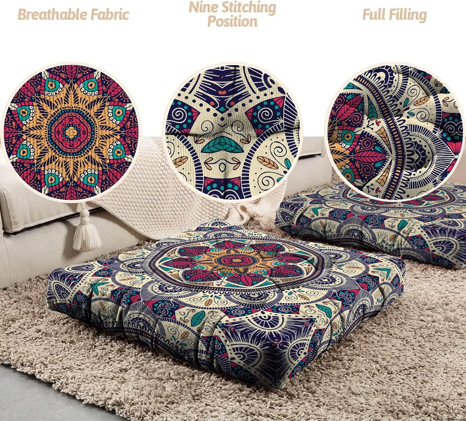 Mandala Meditation Cushion, Boho Meditation Mat, Meditation Pillows For Sitting on Floor, Cushions for Sitting in Home and Outdoor, Square Floor Pillow Cushion Seating for Yoga Accessories 22'' x 22'' - Image 6