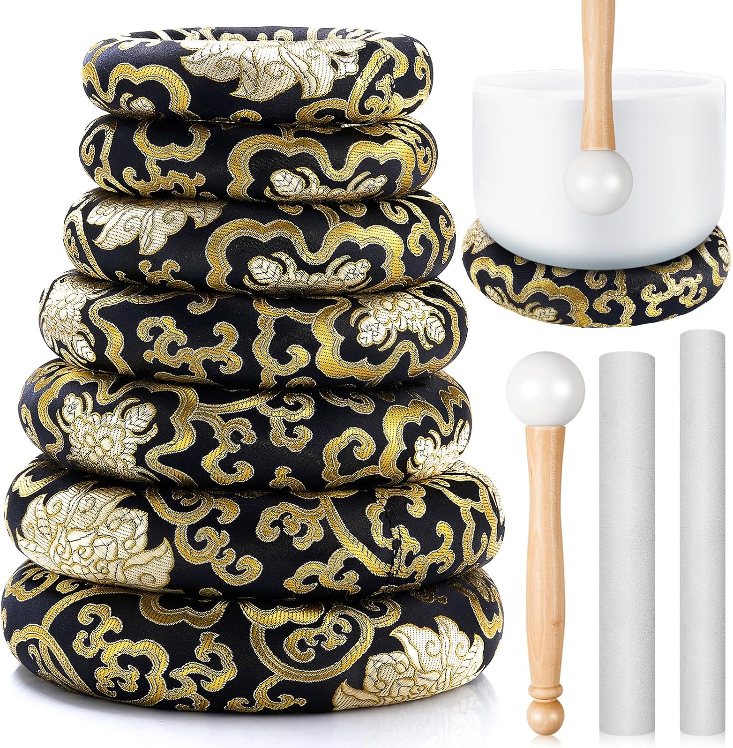 10 Pcs Singing Bowl Cushion Set 7 Silk Cloth O Ring with 3 Crystal Singing Bowl Mallet Include Solid and Hollow Stick Wood Handle Rubber Mallet for 6-12" Tibetan Sound Meditation (Black Gold)