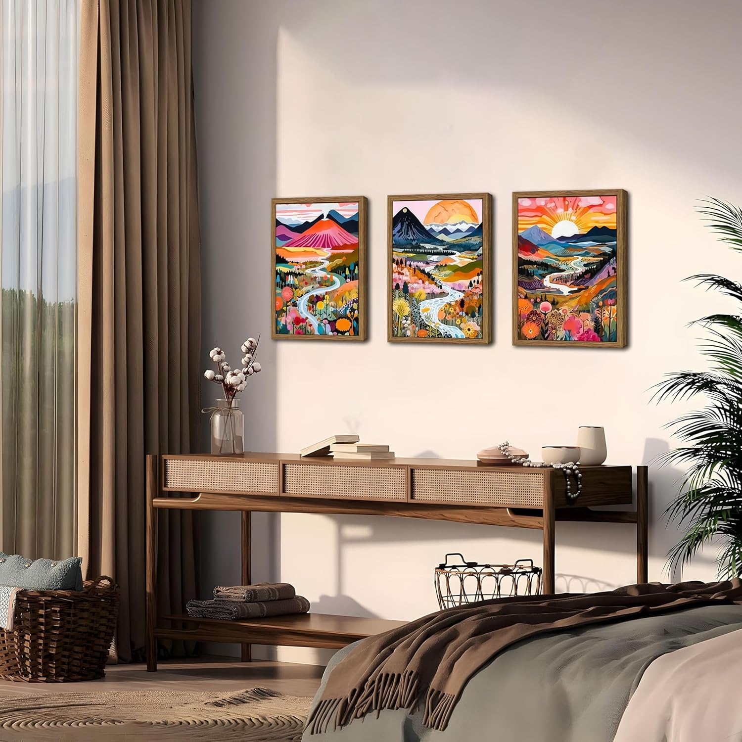 Wood Frame Boho Colorful Wall Art, Set of 3 Abstract Watercolor Mountain Landscape Wall Decor Painting, Modern Flower Aesthetic Posters Prints for Living Room Bathroom Bedroom 12x16In Framed - Image 9