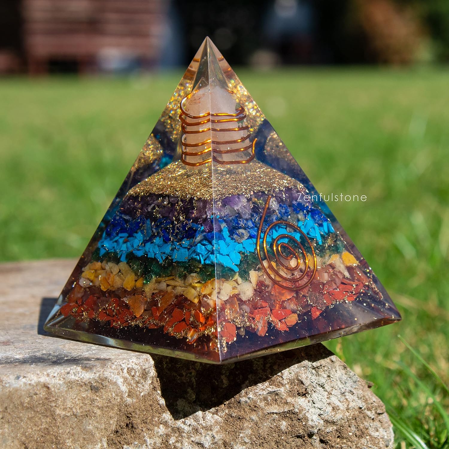 7 Chakra Orgonite Pyramid for Energy Generator Crystal Pyramid for Balancing Energy, Spiritual Alignment | Handmade Orgonite pyramids with Copper Coil and Crystal Quartz for Chakra Protection) - Image 4