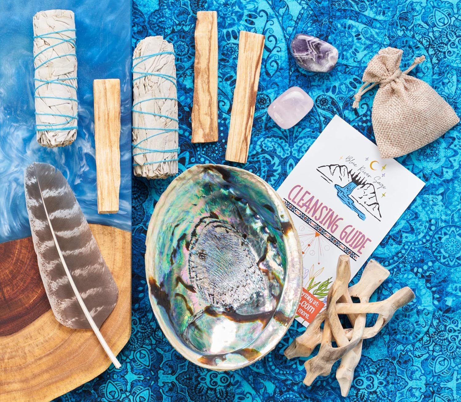 Home Cleansing & Smudging Kit with White Sage, Palo Santo | Smudge Kit with Sage Smudge Sticks, Abalone & Stand, Feather, Includes Guide - Image 4