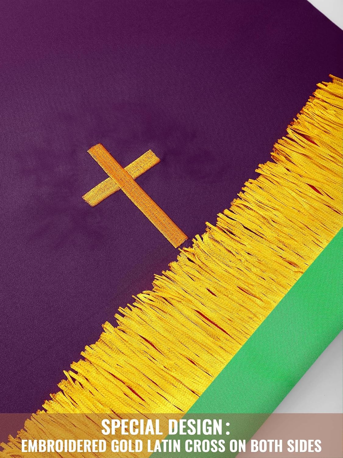 Cutecrop Set of 3 Reversible Parament Set Clergy Table Runner Bookmark Altar Cloth Pulpit Scarf with Gold Cross Church Pulpit Accessories for Christian Sanctuary Gift(Green and Purple) - Image 4