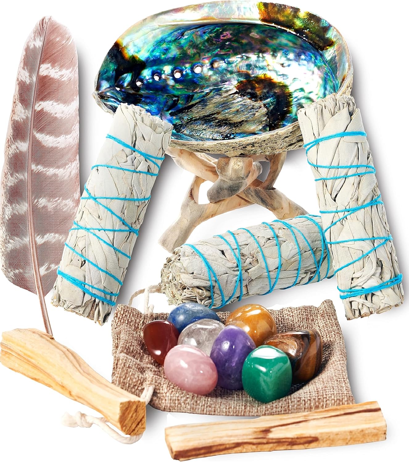 Sage Smudge Kit ~ 3 White Sage Bundles ~ 8 Healing Chakra Stones ~ Abalone Shell & Stand ~ Smudging Feather ~ Cleanse Guide/Blessings ~ Smoke Cleansing Smudge Sticks Healing Growing Manifesting | Palo Santo, Smudging Feather, Cleanse Guide & Blessings, Smoke Cleansing, Healing & Manifesting