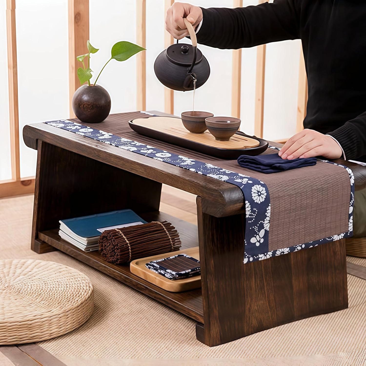 Folding Floor Table,Meditation Altar Table for Home Decor,Hand Carved Natural Brown Wood Small Puja Table, Used in The Tea Table Japanese,Study Room,IT is 24Inches(L),12 Inches(W) , 21 Inches(H) - Image 2