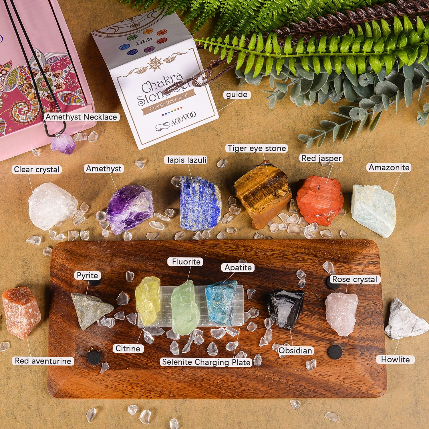 AOOVOO 17Pcs Crystals and Healing Stones, 14Pcs Real Raw Chakra Stones Set, Selenite Charging Plate, Amethyst Necklace, Rose Quartz, Mothers Day Gifts, Gift Box, Guide for Beginners, Collection, Meditation, Yoga - Image 6