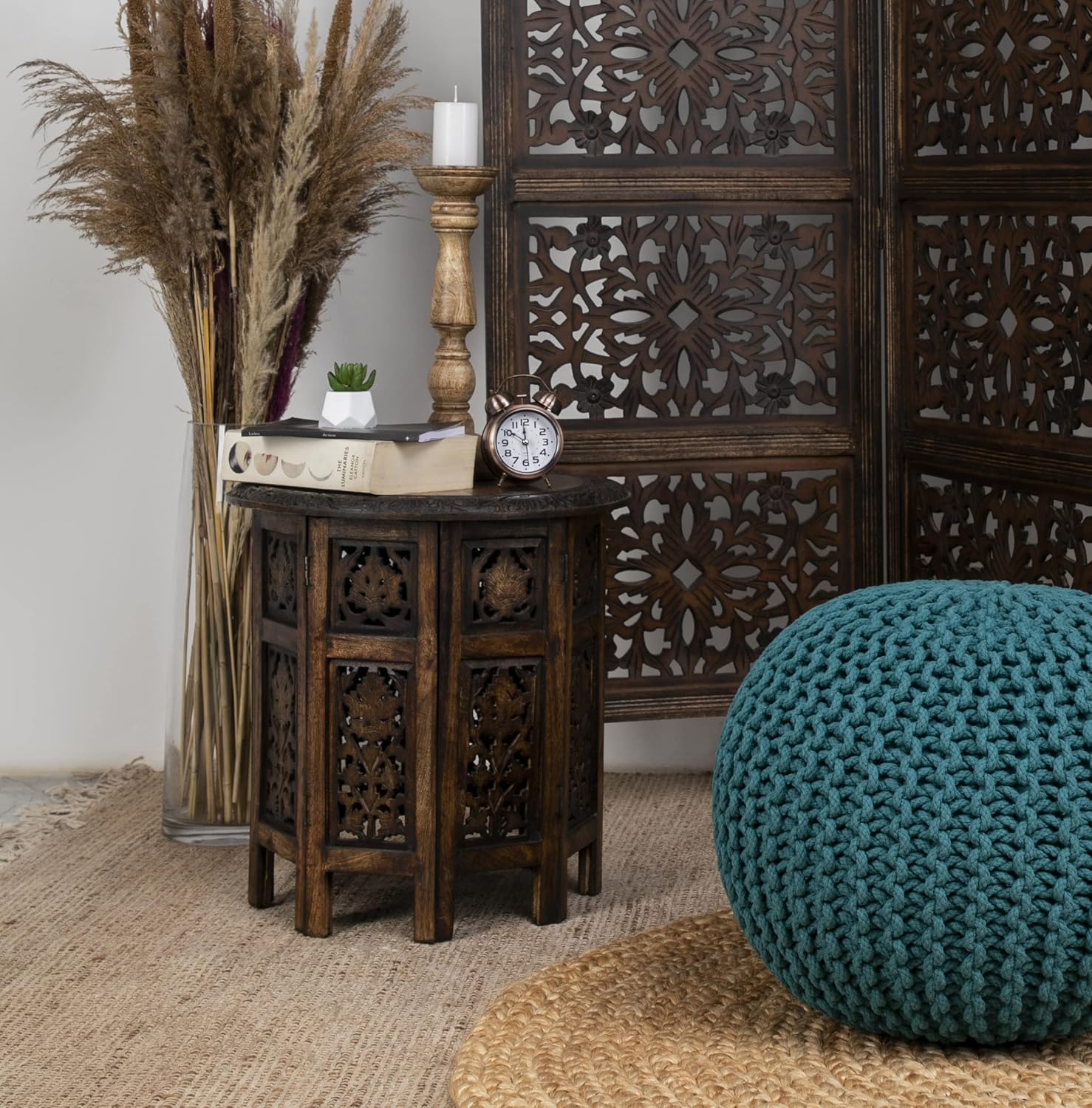 Solid Wood Accent End Table - Hand Carved Vintage Boho Folding Side Table - Small Spaces Entryway Farmhouse Living Room Bedside - No Tools Assembly -18x18 Round - Jaipur Antique Brown -Cotton Craft - Image 7