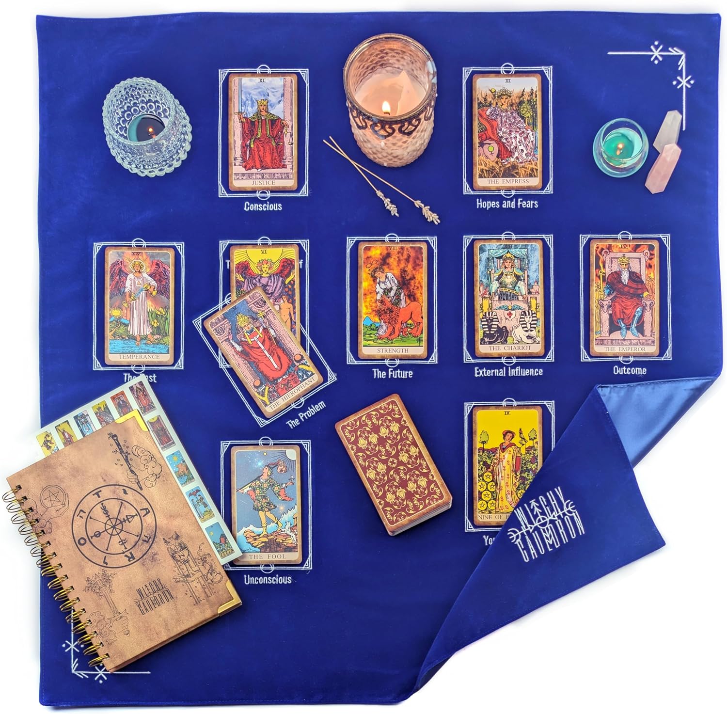 Witchy Cauldron Tarot Reading Cloth for Beginners - 27"x27" Velvet Altar Cloth with Celtic Cross Card Placement Guide, Reversible Satin Back, Works with Oracle Cards, Blue - Image 7