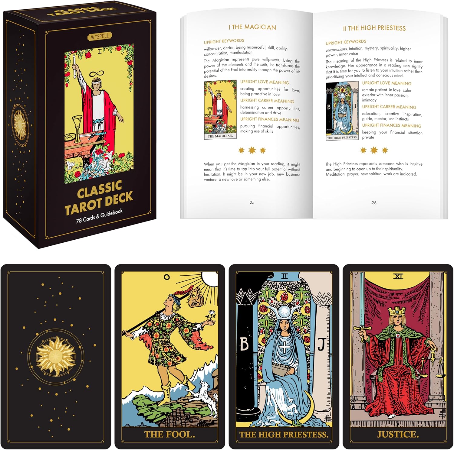 Wyspell Classic Tarot Cards for Beginners - Original Tarot Cards with Guide Book - Beginner Friendly - Traditional Tarot Deck (Dark)