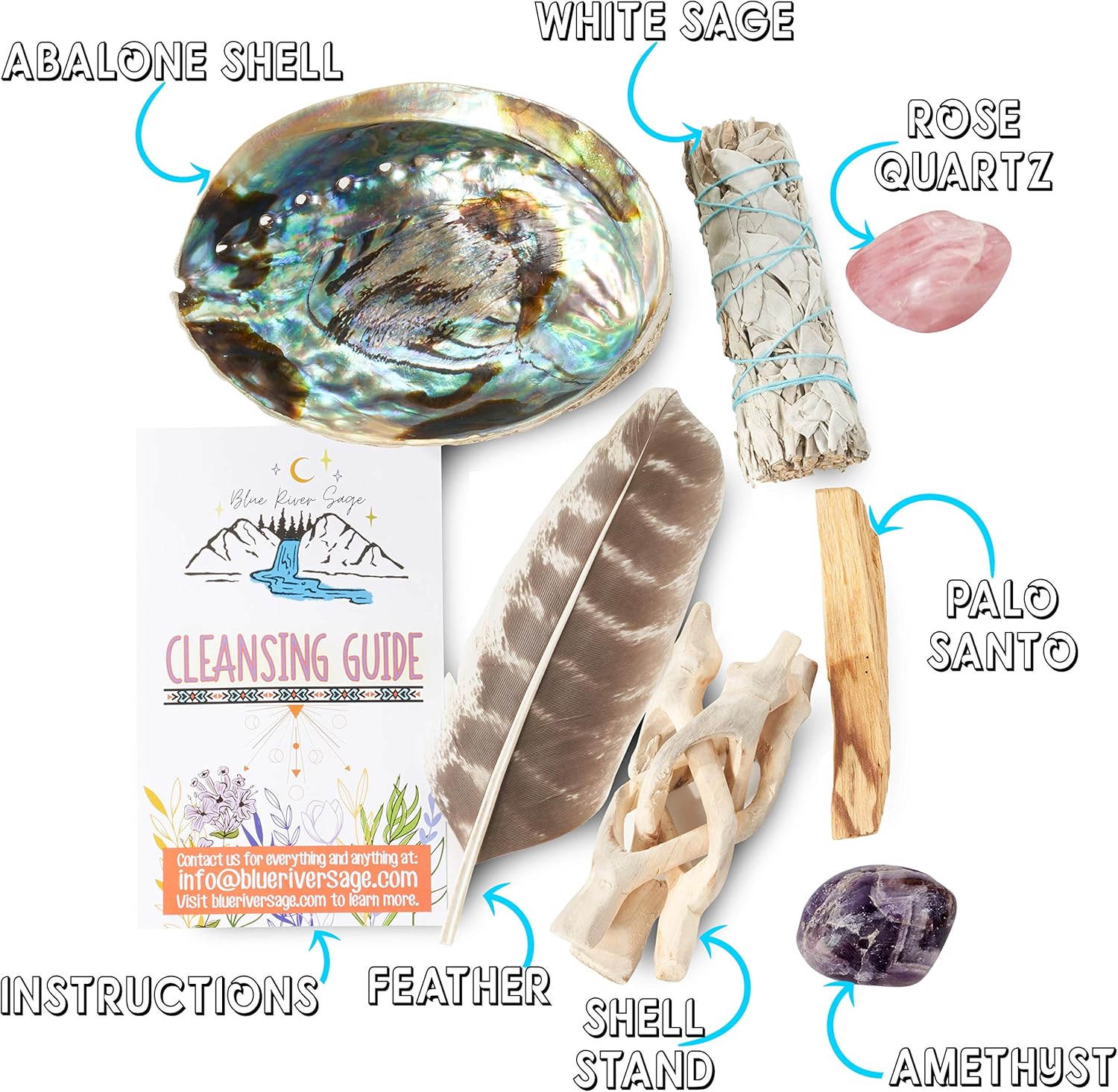 Home Cleansing & Smudging Kit with White Sage, Palo Santo, Abalone & Stand, Smudge Feather & Guide (Regular) | Palo Santo, Amethyst, Rose Quartz, Abalone Shell & Stand, Smudge Feather, Guide Included - Image 2