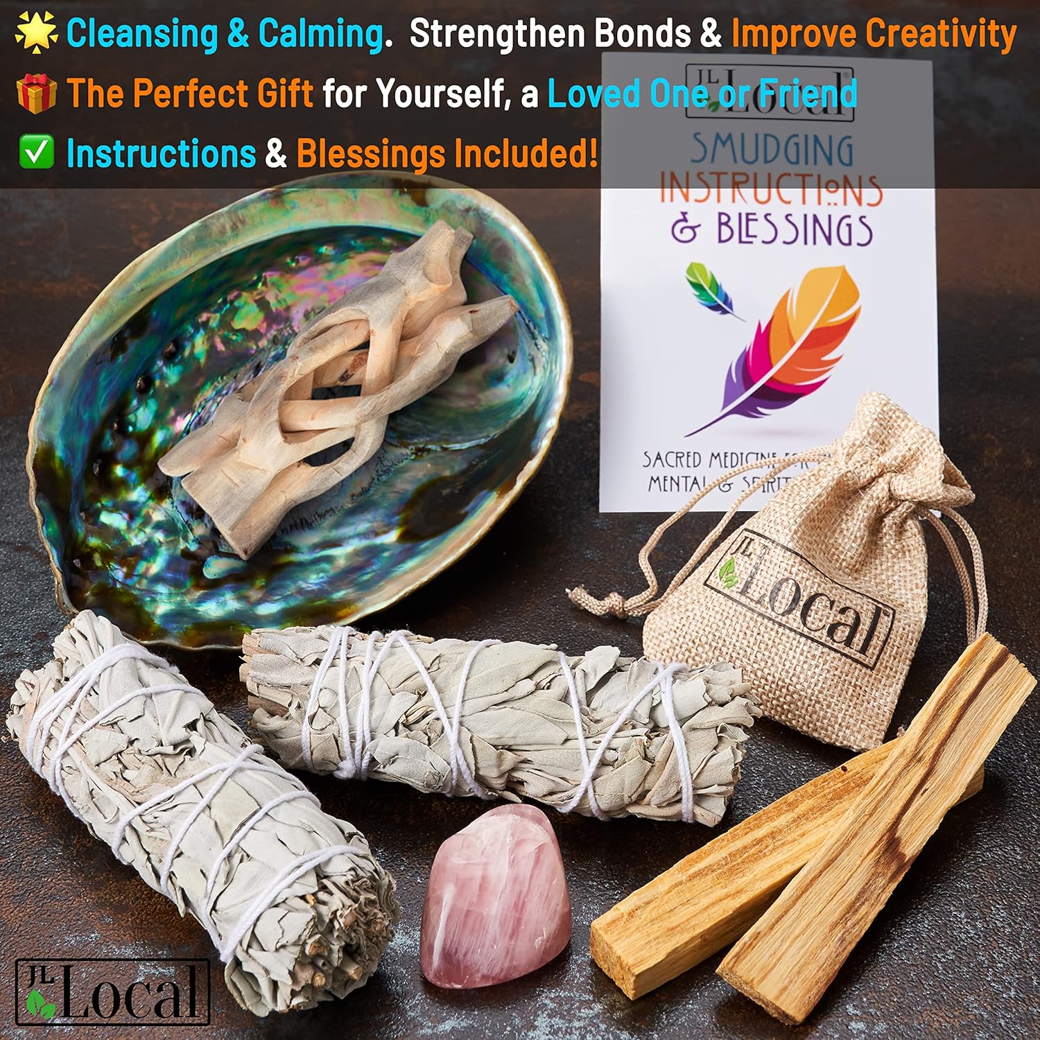 JL Local Perfect Unity Smudging Kit, White Sage, Palo Santo | 2 White Sage Smudge Sticks + 2 Palo Santo Sticks, Abalone Shell Bowl, Rose Quartz Crystal, Healing Incense for Cleansing - Image 4