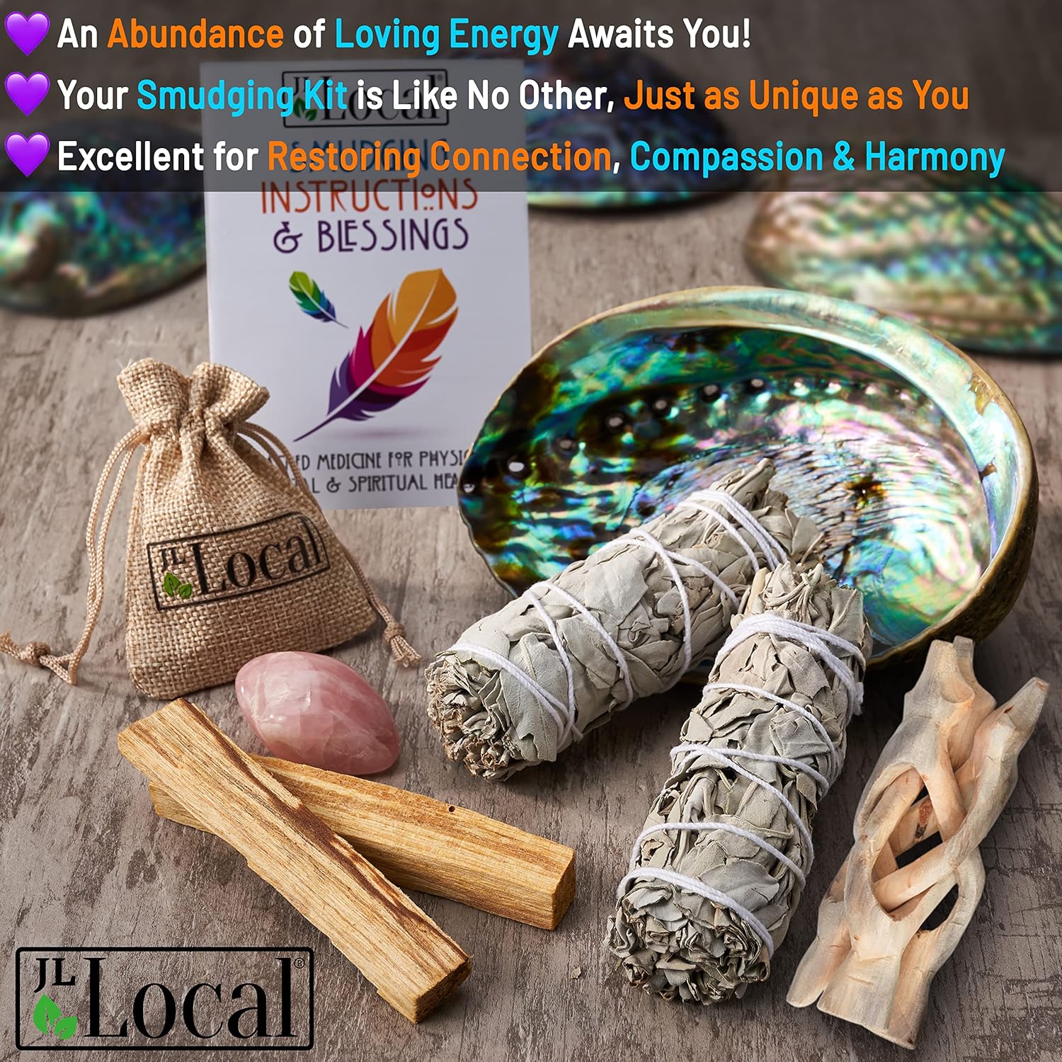 JL Local Perfect Unity Smudging Kit, White Sage, Palo Santo | 2 White Sage Smudge Sticks + 2 Palo Santo Sticks, Abalone Shell Bowl, Rose Quartz Crystal, Healing Incense for Cleansing - Image 2