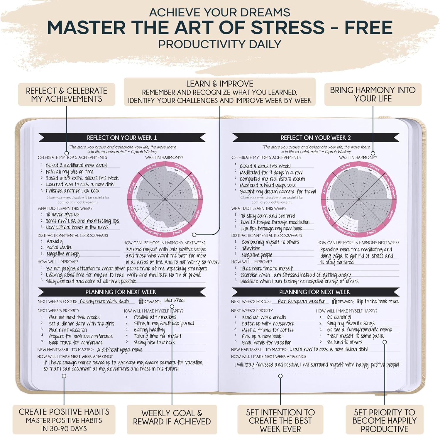 Freedom Mastery Daily Journal of Gratitude, Productivity & Habit Tracker | Undated 90-Day Planner with Daily Reflection, Mindfulness, Positivity, Vision Board & Stickers, Gratitude Journal for Women - Image 5