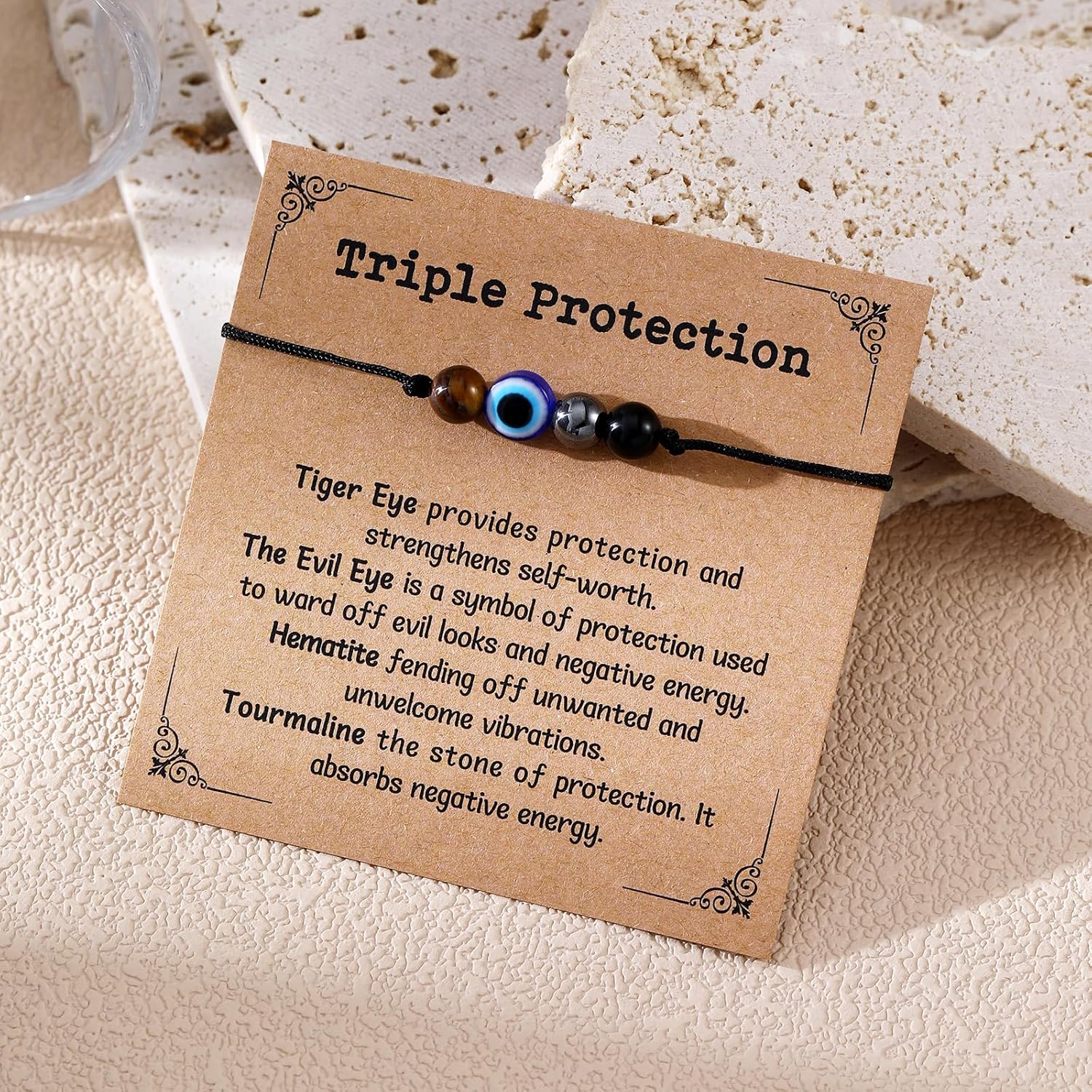 Triple Threat Protection Anxiety Relief New Beginnings Gifts for Women Men, Natural Healing Crystal Bracelet Evil Eye Moonstone Tourmaline Amethyst Jewelry for Family Friends Coworker - Image 2