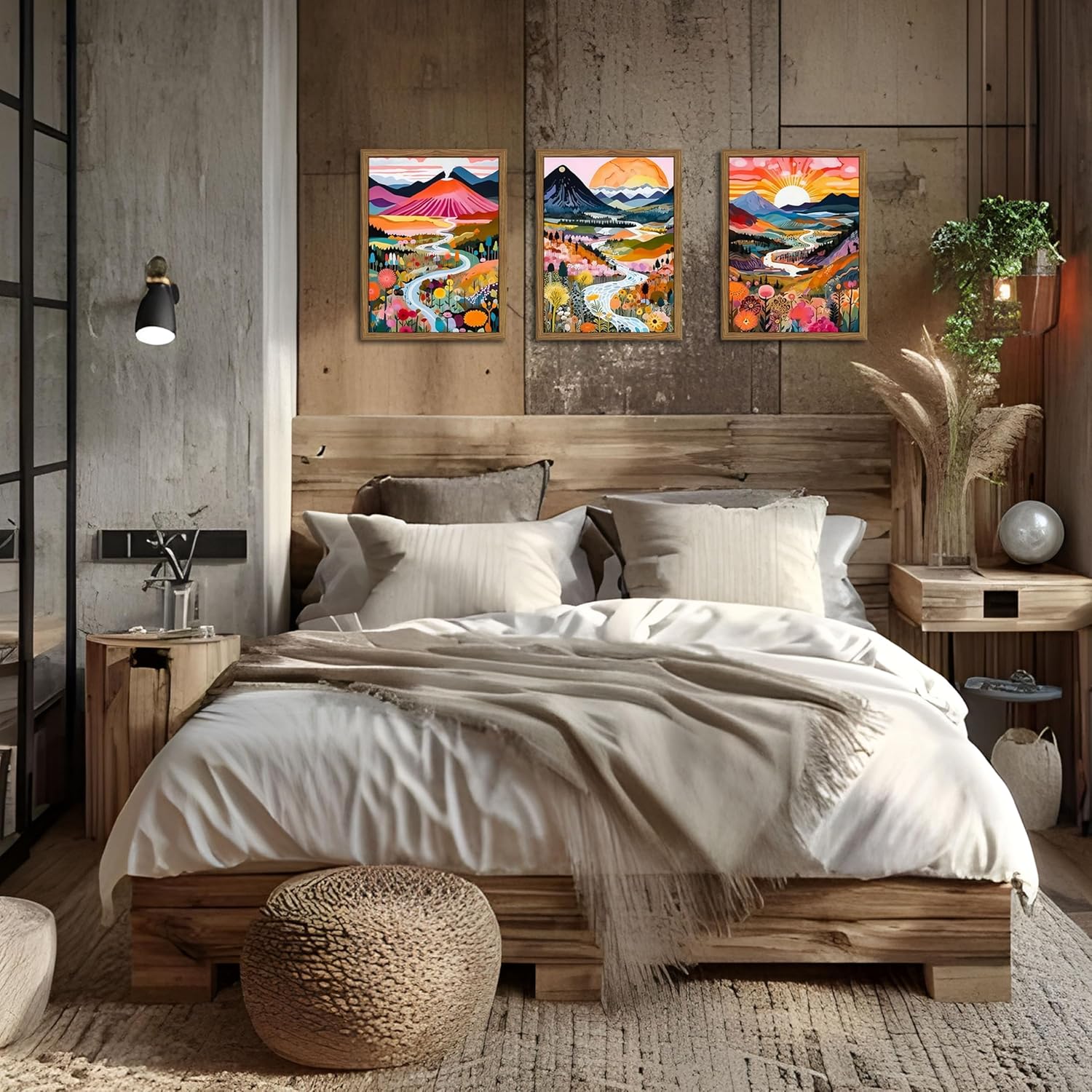 Wood Frame Boho Colorful Wall Art, Set of 3 Abstract Watercolor Mountain Landscape Wall Decor Painting, Modern Flower Aesthetic Posters Prints for Living Room Bathroom Bedroom 12x16In Framed - Image 2