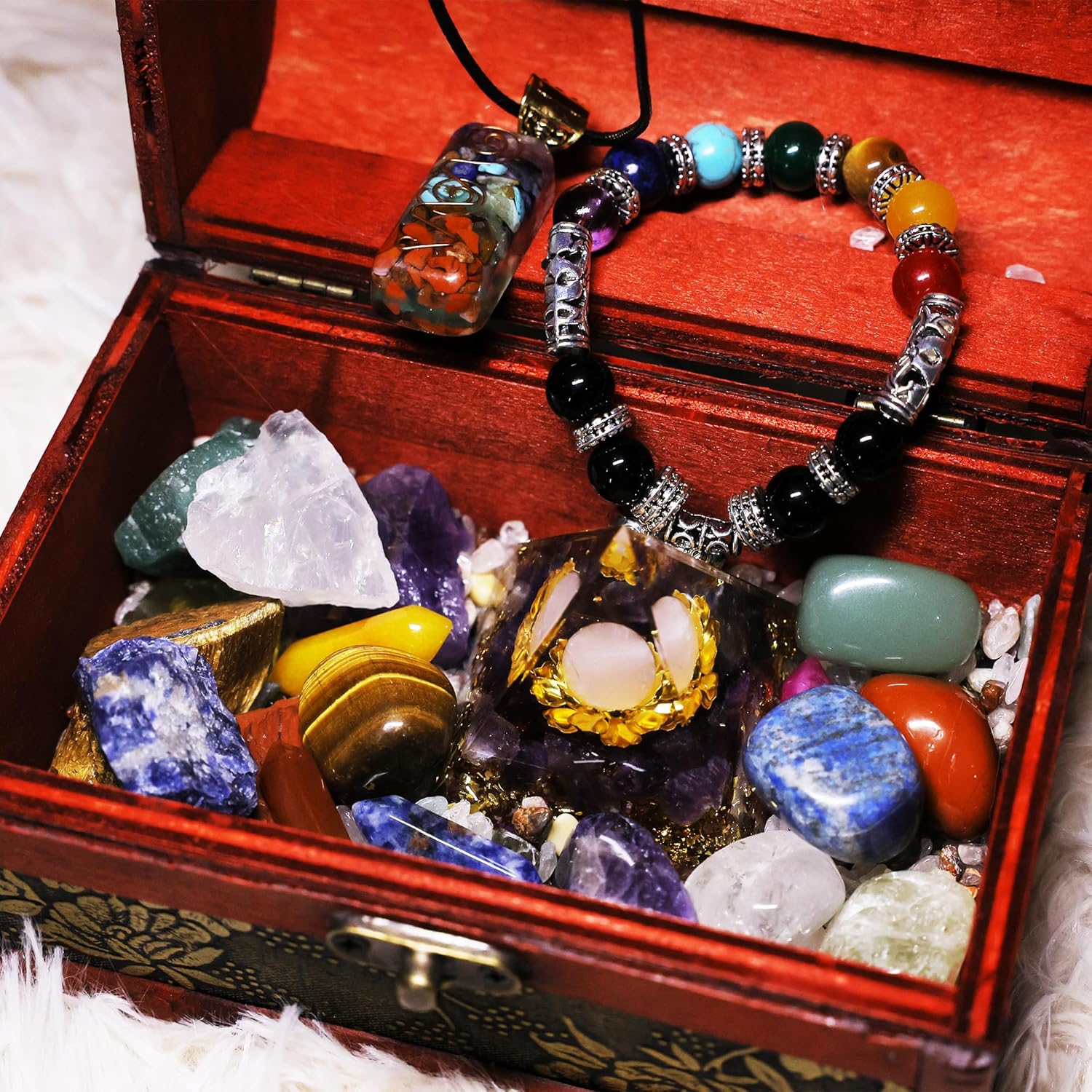 Chakra Healing Stones Set - 7 Raw & 7 Tumbled Crystals with 7 Bullet Shaped Stones, Chakra Necklace, Healing Bracelet & Orgone Pyramid - Spiritual Gift for Reiki, Meditation, Energy Balancing - Image 5