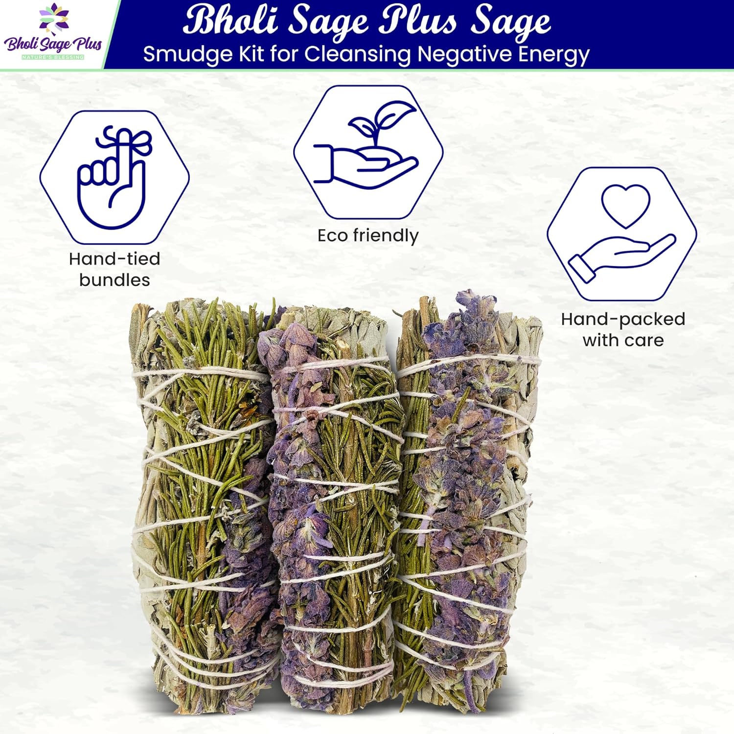 Sage Smudge Kit for Cleansing Negative Energy, Home and Creating The Energy of Happiness Rosemary & Lavender Sage Smudge Sticks with White Sage Pack of 3 - Image 2