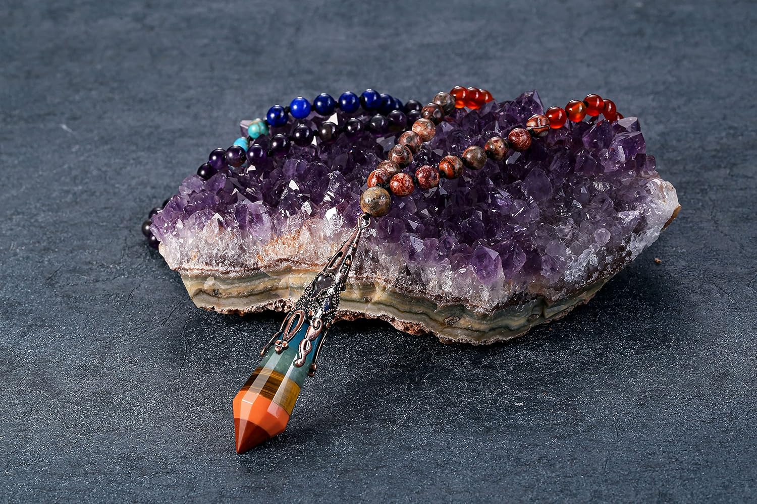 Jovivi 108 Mala Beads Bracelet Real Stones 7 Chakra Healing Crystals Necklace with 12 Facted Prism Pointed Pendant Reiki Energy Balancing Prayer Mala Beads for Meditation - Image 3