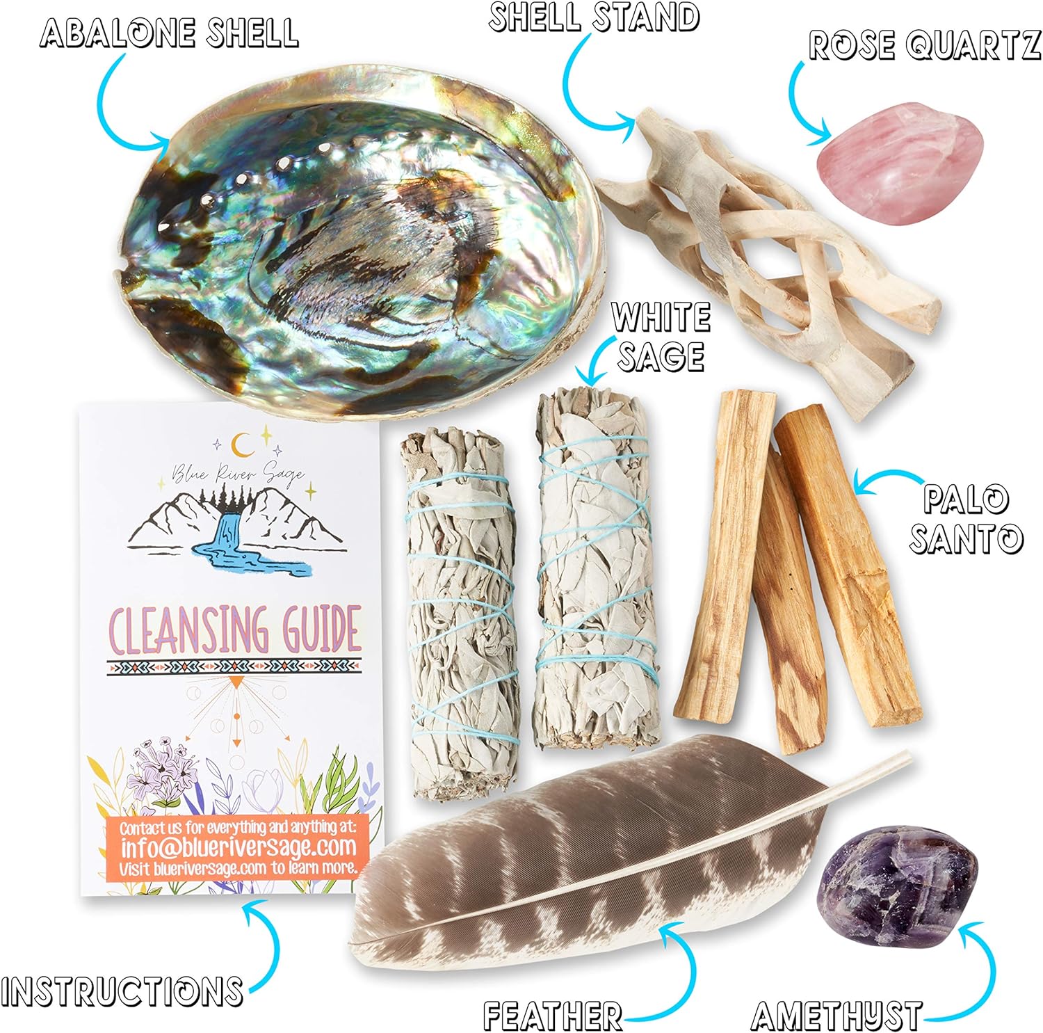 Home Cleansing & Smudging Kit with White Sage, Palo Santo | Smudge Kit with Sage Smudge Sticks, Abalone & Stand, Feather, Includes Guide - Image 2