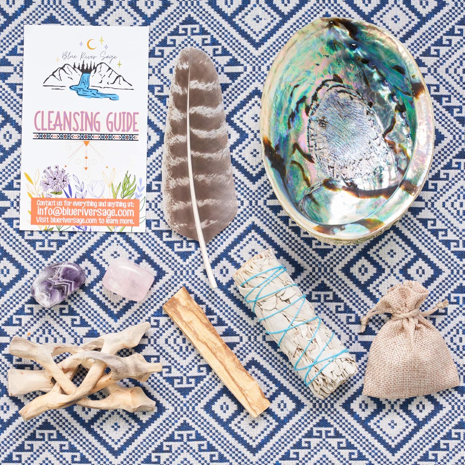 Home Cleansing & Smudging Kit with White Sage, Palo Santo, Abalone & Stand, Smudge Feather & Guide (Regular) | Palo Santo, Amethyst, Rose Quartz, Abalone Shell & Stand, Smudge Feather, Guide Included - Image 5